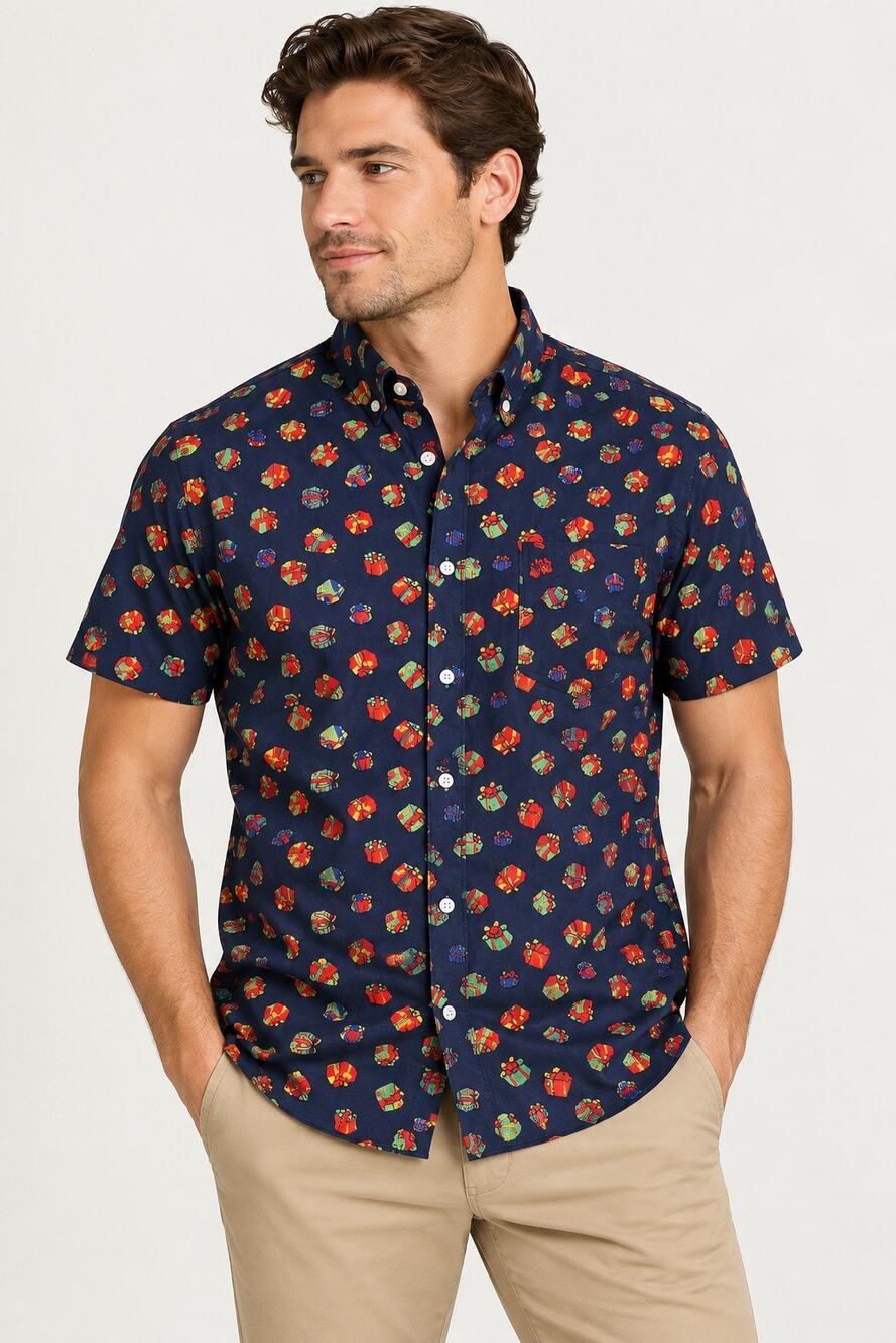 Original Penguin Heritage Slim Fit Shirt Mens M Christmas Gift Print Navy Cotton
